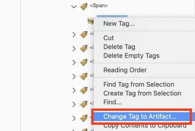 Context menu with selected option “Change tag to Artifact”. Screenshot from Acrobat.