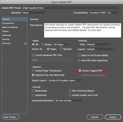 Screenshot of export options with the PDF print format.
