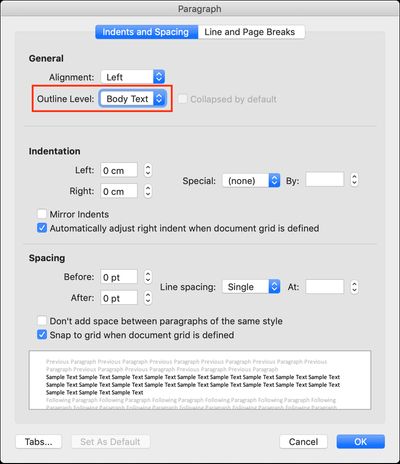 Paragraph format settings with the Outline level option highlighted. Screenshot of Word.