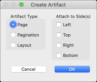 In the Artifact options you can choose between the types “Page”, “Pagination” and “Layout”. In addition, there are four option fields for the positions: Left, Top, Right and Bottom. Screenshot from Acrobat.