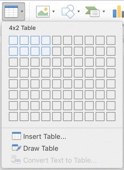 Add a table in Word. Screenshot