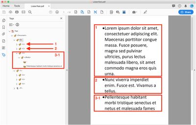 Screenshot in Acrobat: First page with three visible list items. The navigation pane “Tags” is open as well. Markings show which tags are assigned to which list items.