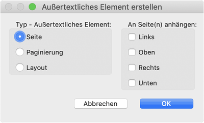 In den Artifact Optionen kann zwischen den Typen „Seite“, „Paginierung“ und „Layout“ unterschieden werden. Zusätzlich stehen vier Optionsfelder der Positionen zur Verfügung: Links, Oben, Rechts und Unten. Bildschirmfoto aus Acrobat.