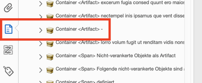 Das Navigationsfenster „Inhalt“ mit einem gekennzeichneten Artifact Container. Bildschirmfoto in Acrobat.