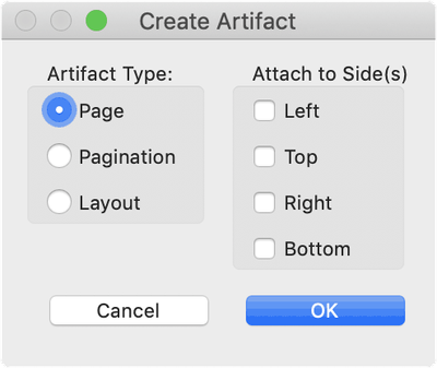 In the Artifact options you can choose between the types “Page”, “Pagination” and “Layout”. In addition, there are four option fields for the positions: Left, Top, Right and Bottom. Screenshot from Acrobat.