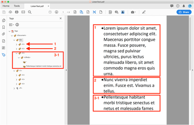 Bildschirmfoto in Acrobat: Erste Seite mit drei sichtbaren Listenpunkten. Geöffnet ist ebenfalls das Navigationsfenster „Tags“. Markierungen zeigen welche Tags welchem Listenpunkt zugeordnet sind.