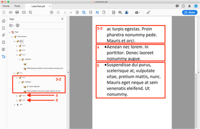 Bildschirmfoto in Acrobat: Zweite Seite mit drei sichtbaren Listenpunkten, wobei der erste die Fortsetzung des letzten der ersten Seite ist. Geöffnet ist ebenfalls das Navigationsfenster „Tags“. Markierungen zeigen welche Tags welchem Listenpunkt zugeordnet sind.
