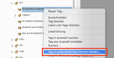 Kontextmenü mit ausgewählter Option „Tag in aussertextliches Element ändern“. Bildschirmfoto aus Acrobat.