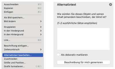 Screenshot des Rechtsklick-Menüs und dem Bereich „Alternativtext“.