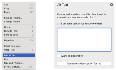 Screenshot of the right-click menu and the “Alt Text” area.