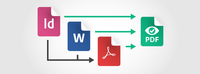 Grafik: Pfeile zeigen von einem InDesign-, Word- und Acrobat-Dokument zu einem barrierefreien Dokument (Logo accessible-pdf.info). Zusätzlich zeigen Pfeile den Umweg von InDesign- und Word-Dokumenten über Acrobat.