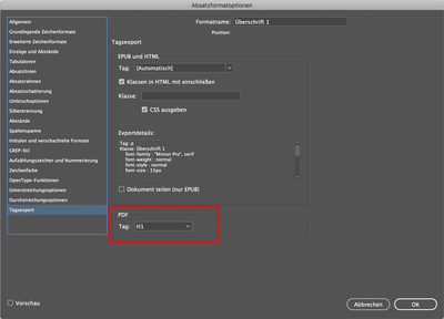 Screenshot der Absatzformat-Optionen mit geöffnetem Reiter Tagsexport.