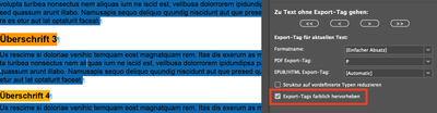 Ein Ausschnitt eines Beispieldokuments mit eingeschalteter Option «Export-Tags farblich hervorheben». Screenshot.
