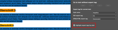 A section of a sample document with the “Highlight export tags by color” option activated. Screenshot