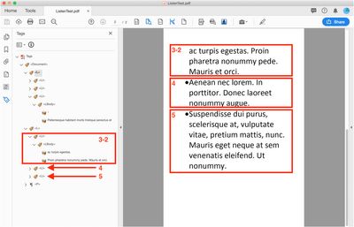 Screenshot in Acrobat: Second page with three visible list items, the first of which is the continuation of the last of the first page. The navigation pane “Tags” is open as well. Markings show which tags are assigned to which list items.