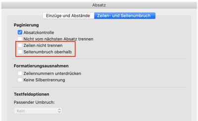 Bildschirmfoto aus Word mit geöffneten Absatzformateinstellungen und aktivem Register „Zeilen- und Seitenumbruch“. Markiert sind die beiden Optionen „Zeilen nicht trennen“ und „Seitenumbruch oberhalb“.