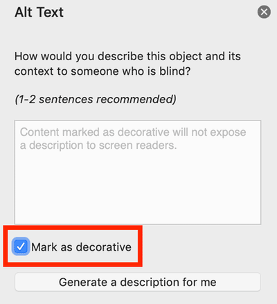 Checkbox “Mark as decorative”. Screenshot from Word