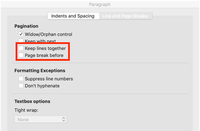 Screenshot from Word with paragraph settings open and the “Line and Page Breaks” tab active. The two options “Keep lines together” and “Page break before” are marked.