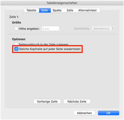 Markierte Tabellenoption „Gleiche Kopfzeile auf jeder Seite wiederholen“. Bildschirmfoto aus Word.