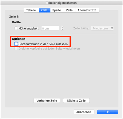 Markierte Tabellenoption „Seitenumbruch in der Zeile zulassen“. Bildschirmfoto aus Word.
