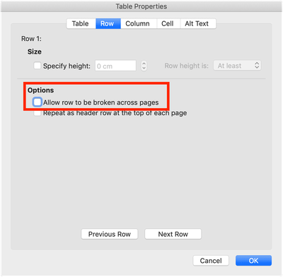 Marked table option “Allow row to be broken across pages”. Screenshot from Word.