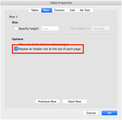 Table option “Repeat as header row at the top of each page”. Screenshot from Word.