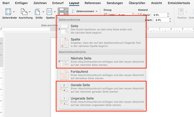 Bildschirmfoto von Word mit aktivem „Layout“ Register und aufgeklappten „Umbrüche“ Befehl. Die möglichen Umbrucharten sind markiert.