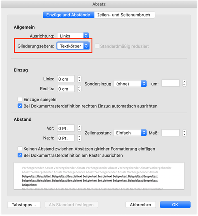 Absatzformateinstellungen mit markierter Option Gliederungsebene. Bildschirmfoto von Word.