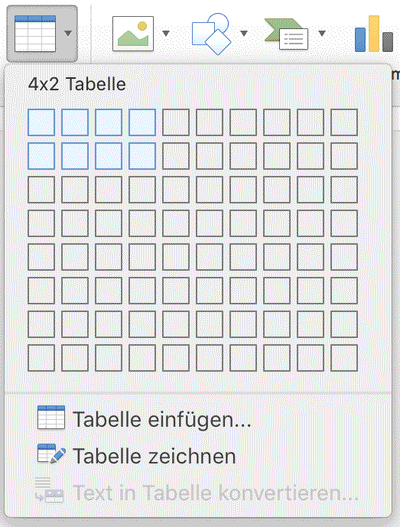 Wo in Word eine Tabelle hinzugefügt werden kann. Screenshot.