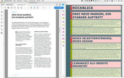 Bildschirmfoto: Auf der linken Seite ist das PDF im Acrobat geöffnet. Rechts befindet sich das gleiche PDF in der Screenreader-Vorschau von PAC.