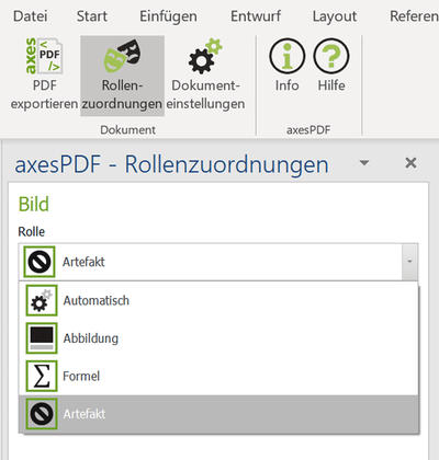 axesPDF role mapping dropdown with the option “Artifact” selected. Screenshot of the Word Add-In.